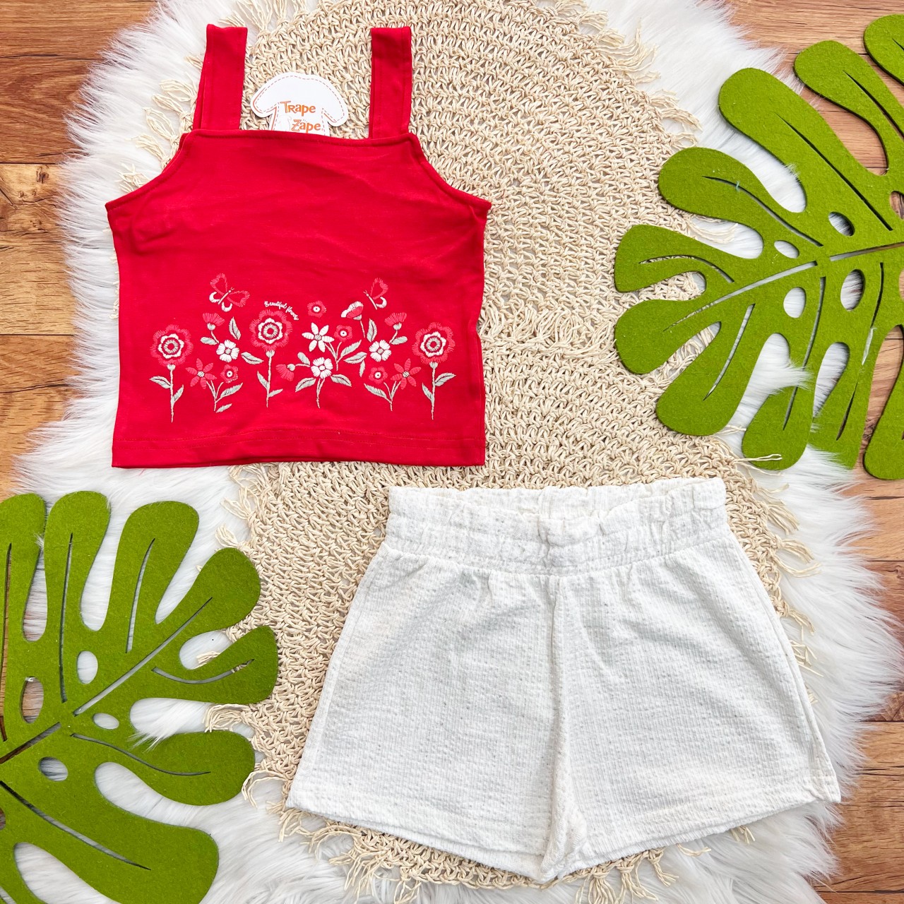 Conj. Regata Beutiful Flowers e Short em Linho - Vermelho